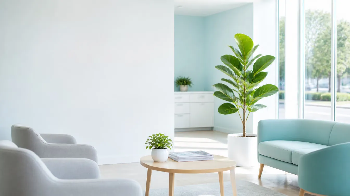 The bright waiting area of Abby Dental Care with comfortable seating and plants