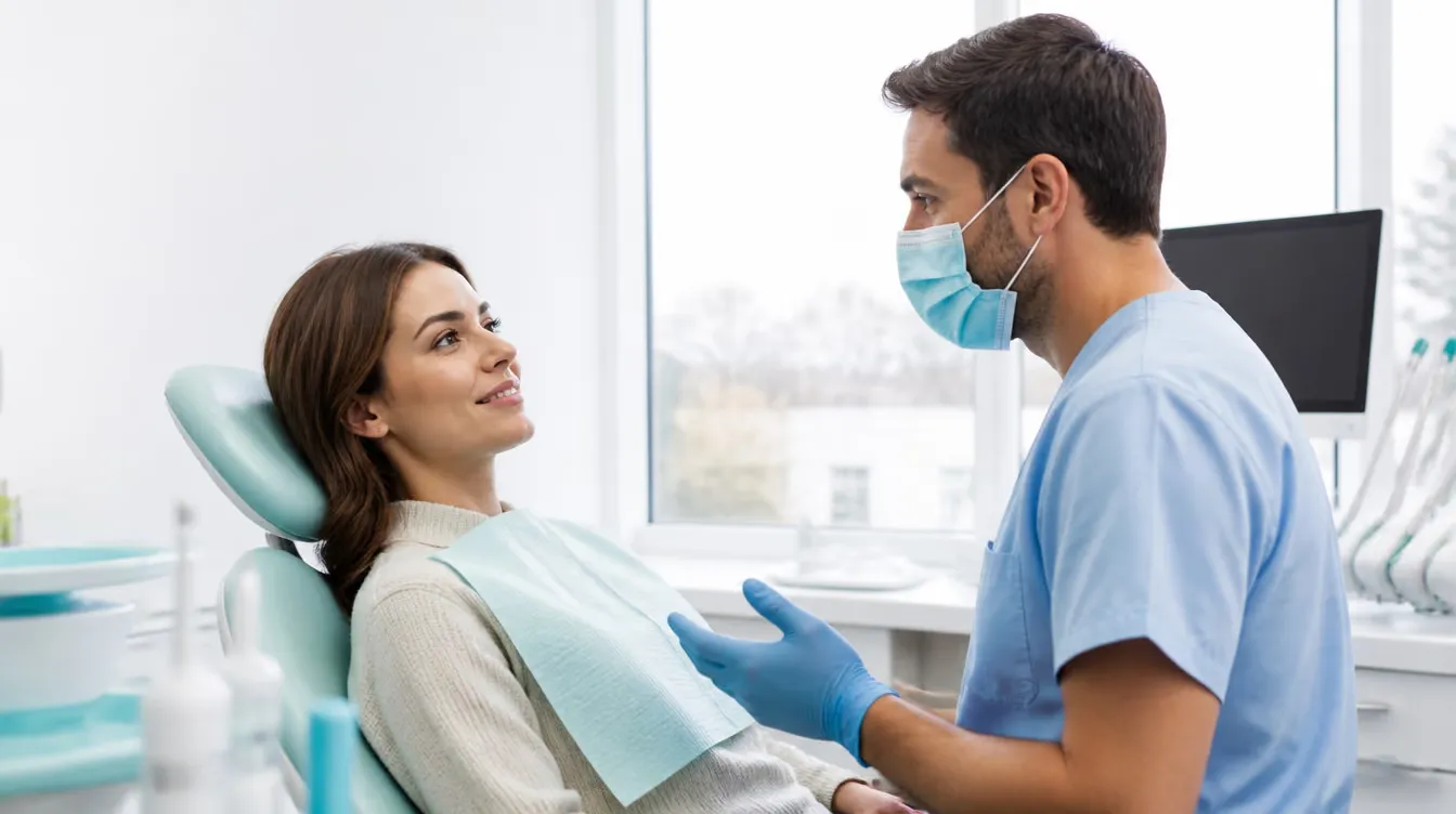 A dentist gently talking a relaxed patient through treatment in a bright, calm dental clinic in Vernon