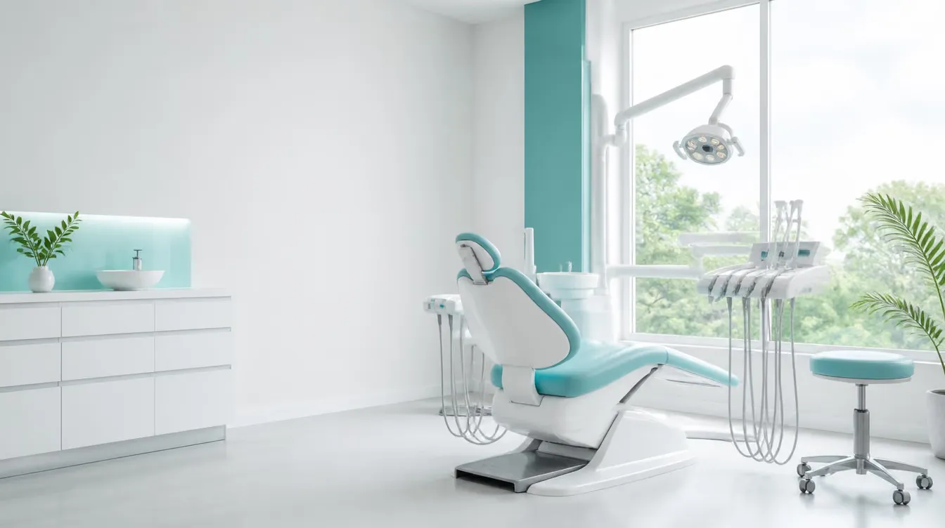A pristine modern dental treatment room with a chair beside a bright window