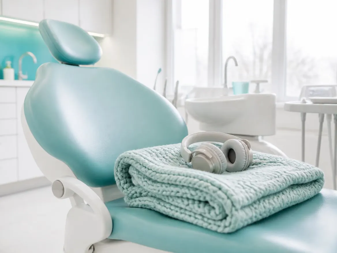 A dental chair with a soft folded blanket and headphones waiting for a patient