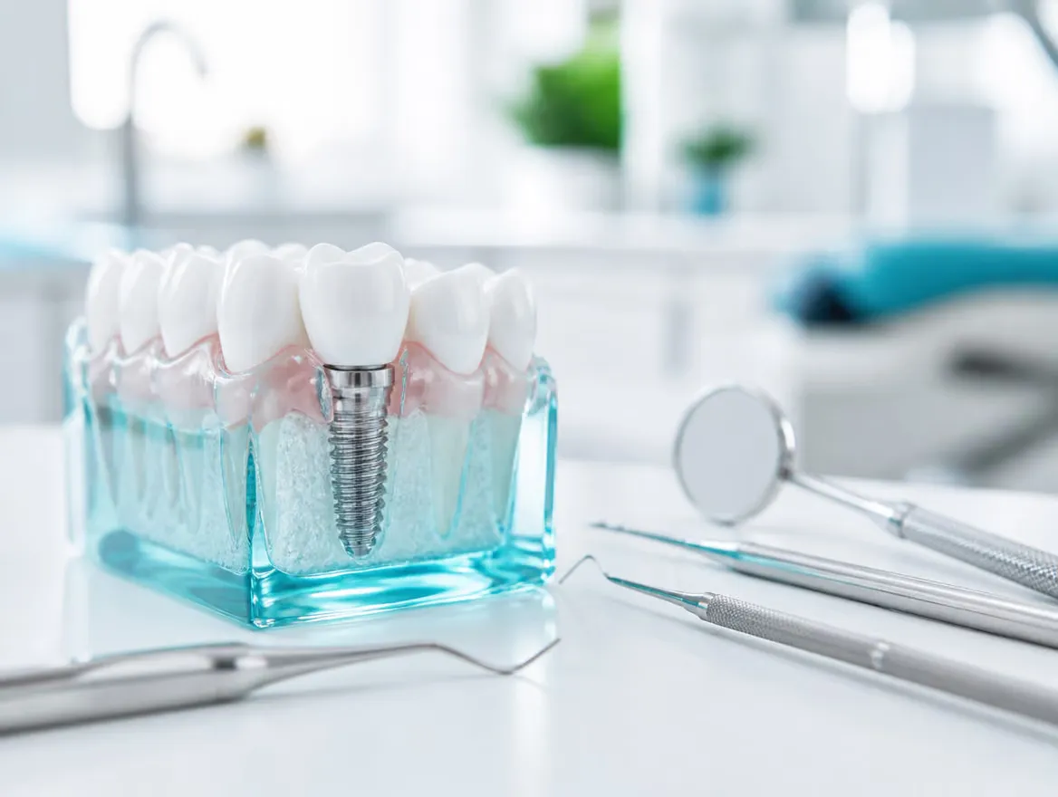 A dental implant model with a titanium post beside precision instruments