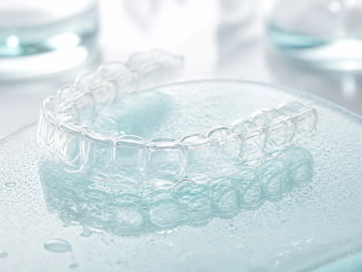 A clear Invisalign-style aligner tray on frosted glass