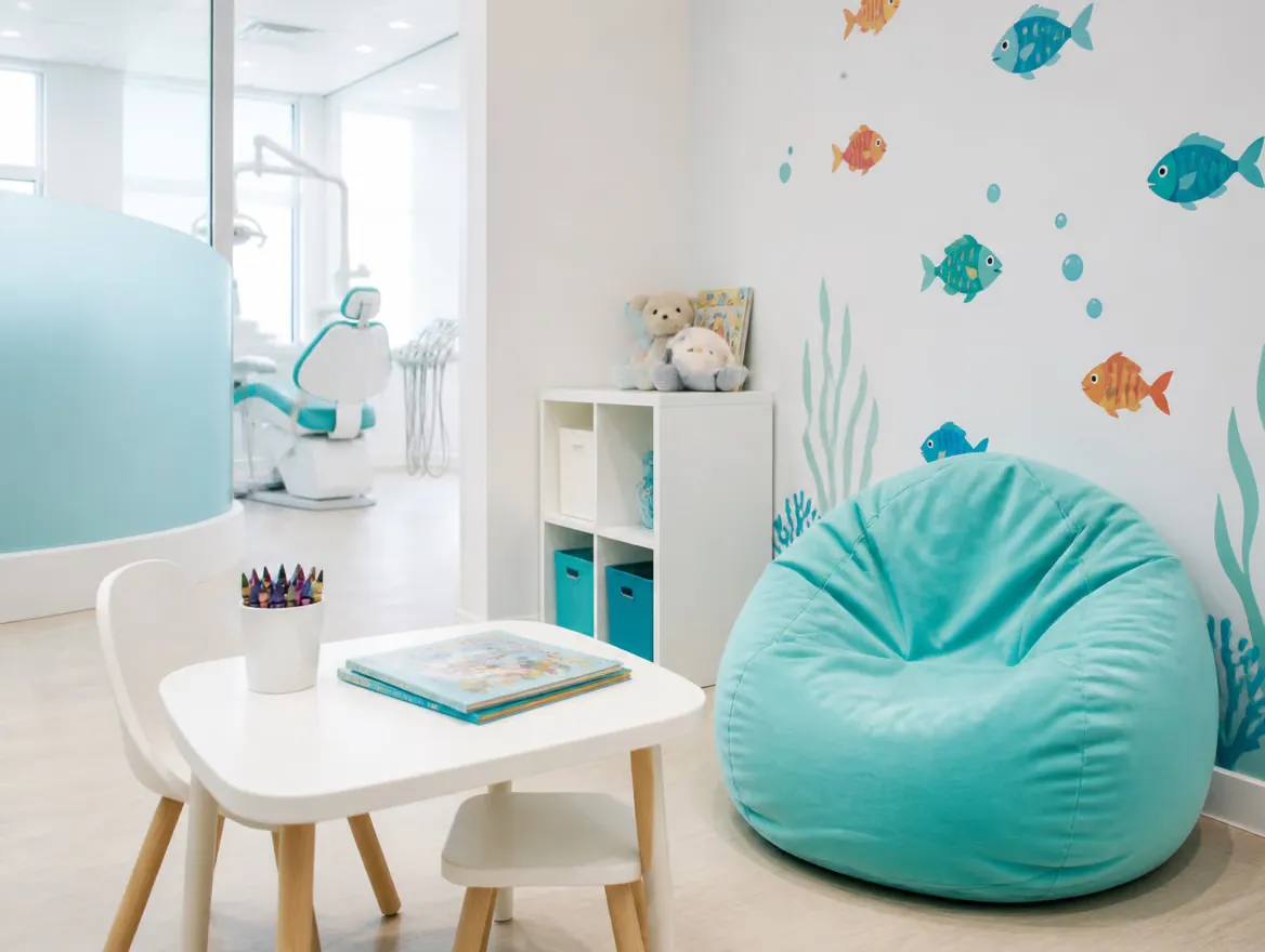 A cheerful kids corner in a dental clinic with a turquoise beanbag and fish wall decals
