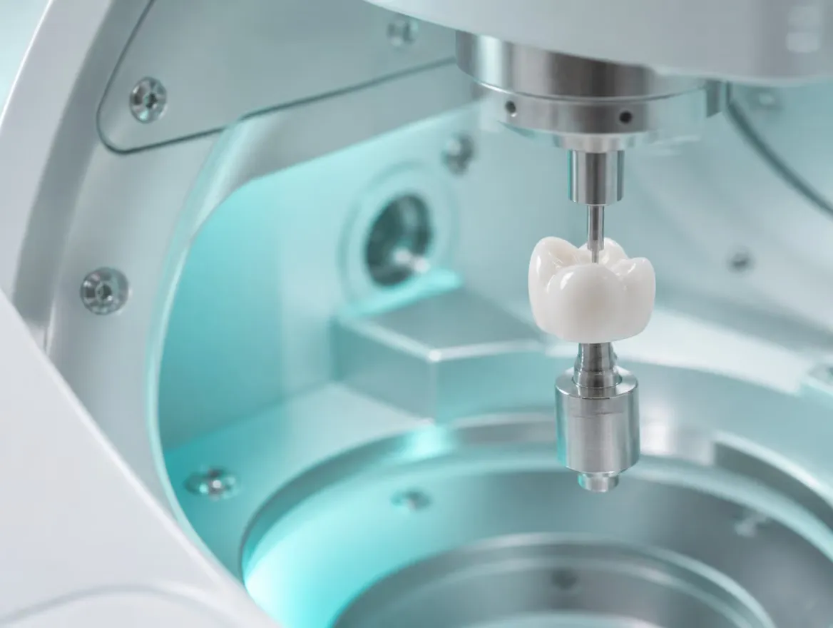 A ceramic dental crown being milled inside a CEREC-style machine